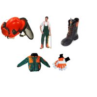 5er Schnittschutz Set Forsthelm Schnittschutzhose Pilotenjacke Lederstiefel Handschuhe